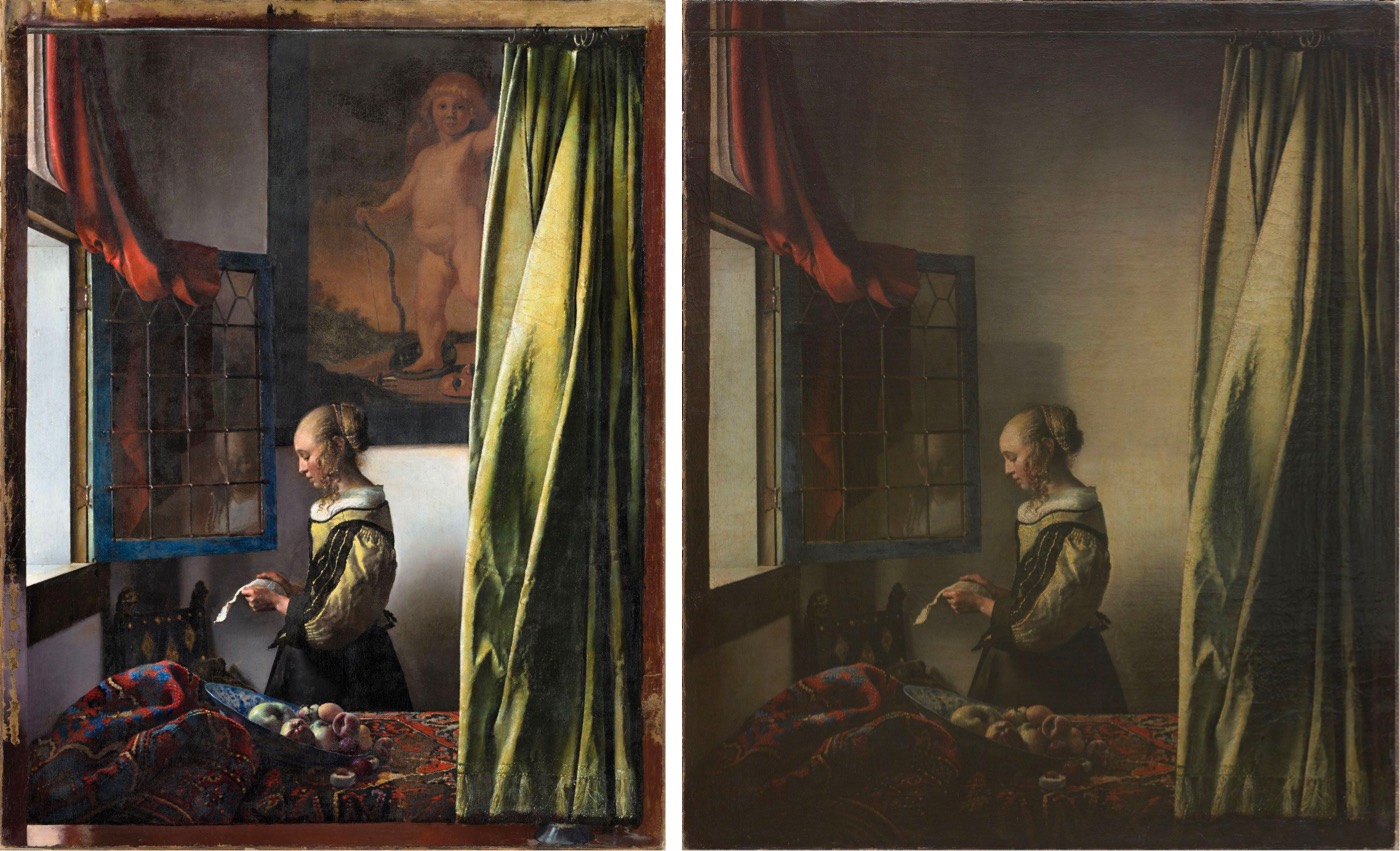 הציור של ורמיר ״נערה קוראת מכתב ליד חלון פתוח״, בגרסה המקורית ובגרסה המשוחזרת